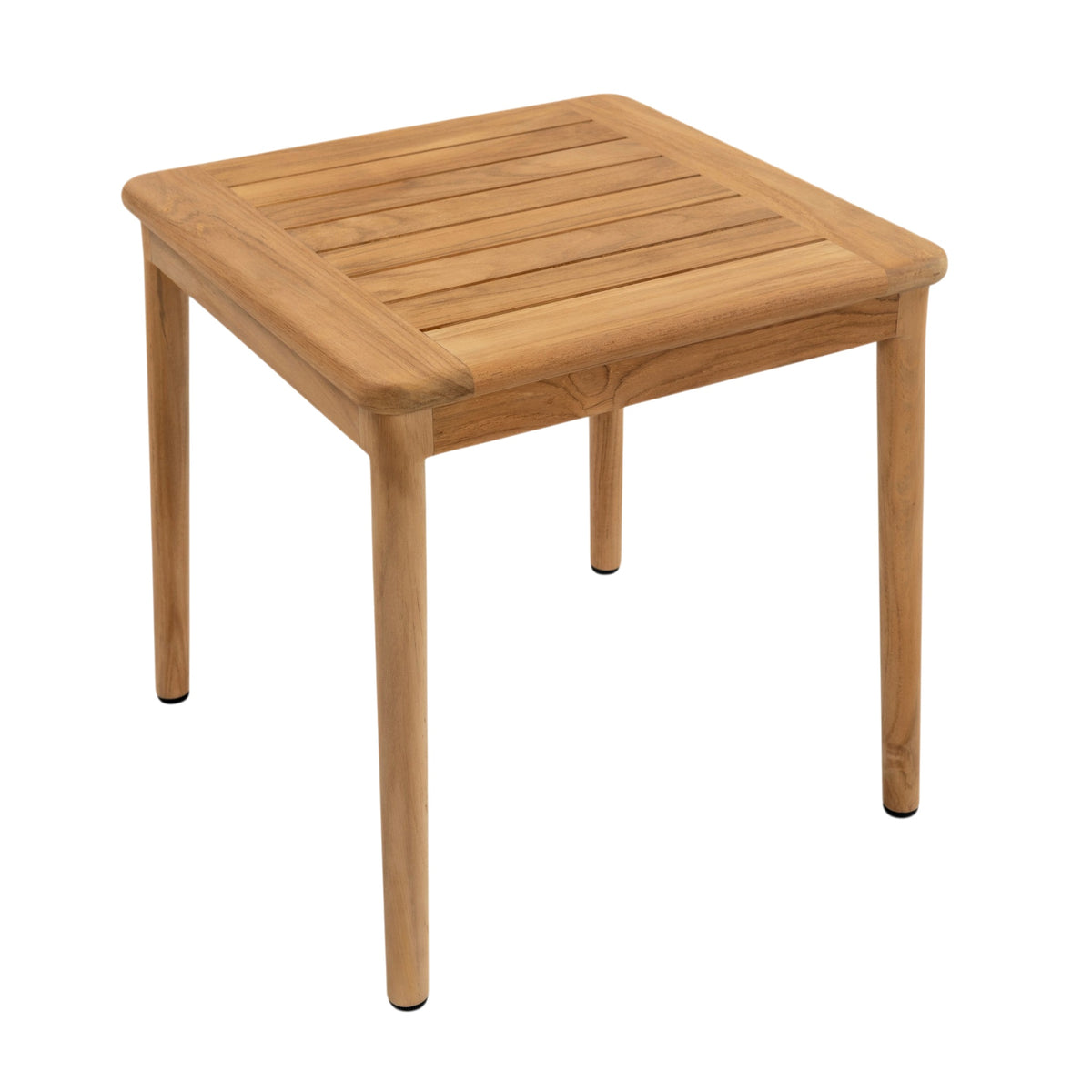 Elevated view of Miami outdoor teak side table showing slatted tabletop, rounded corners and natural teak finish