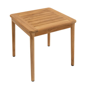 Elevated view of Miami outdoor teak side table showing slatted tabletop, rounded corners and natural teak finish