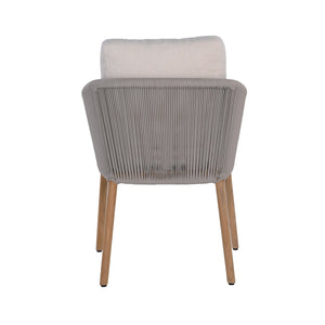Miami teak and rope dining armchair with seat and back cushions. Rear view.