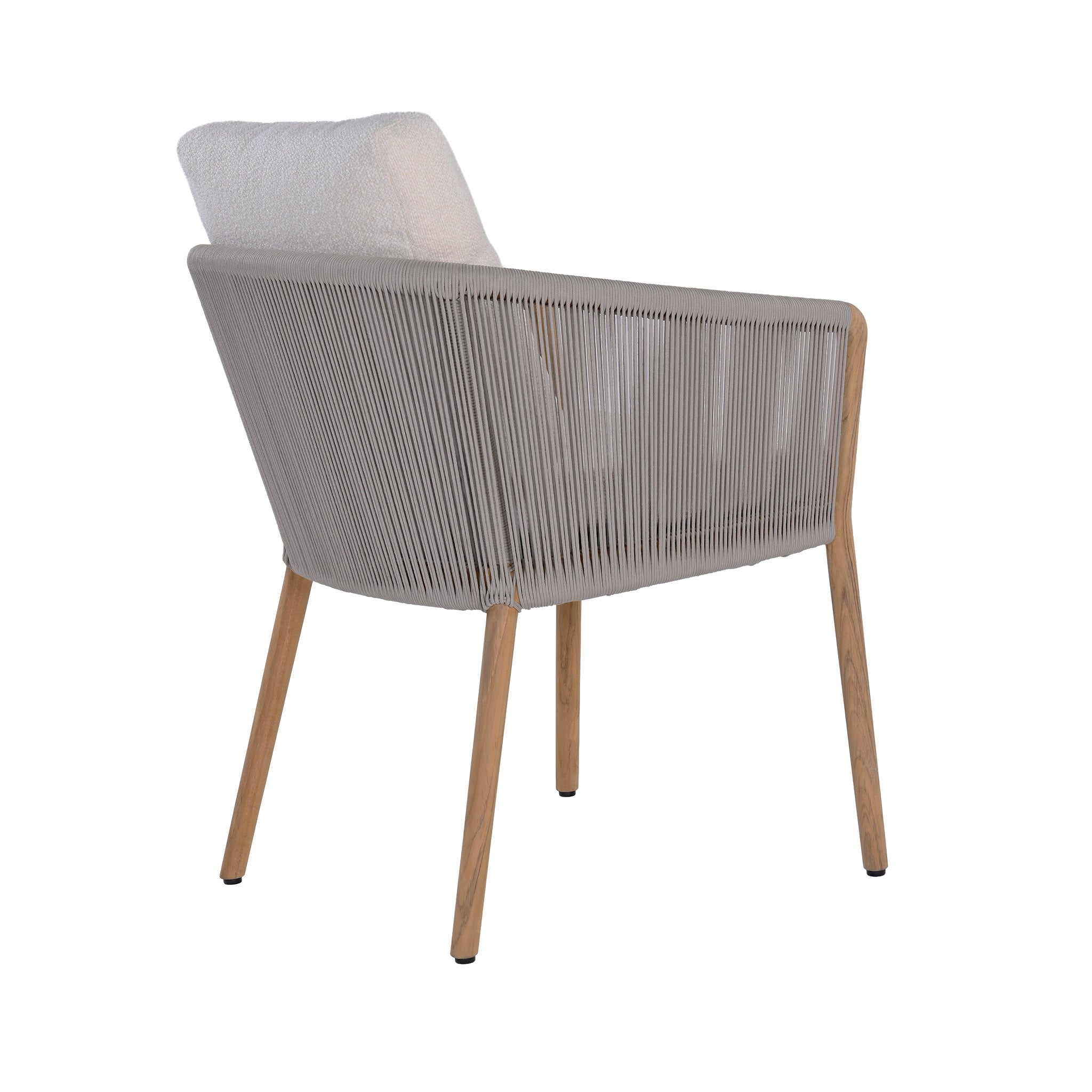 Miami teak and rope dining armchair with seat and back cushions. Rear angle view.