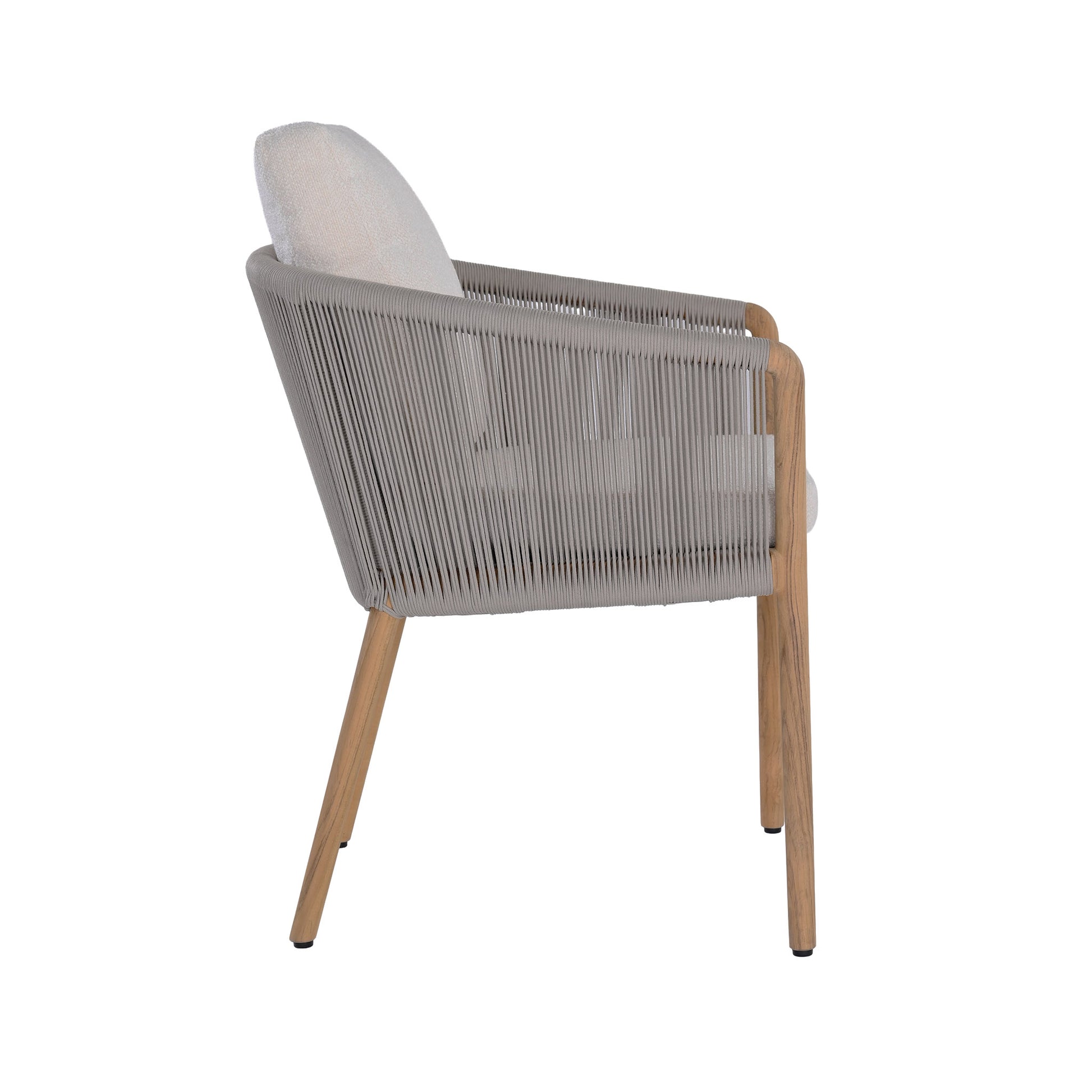 Miami teak and rope dining armchair with seat and back cushions. Side view.