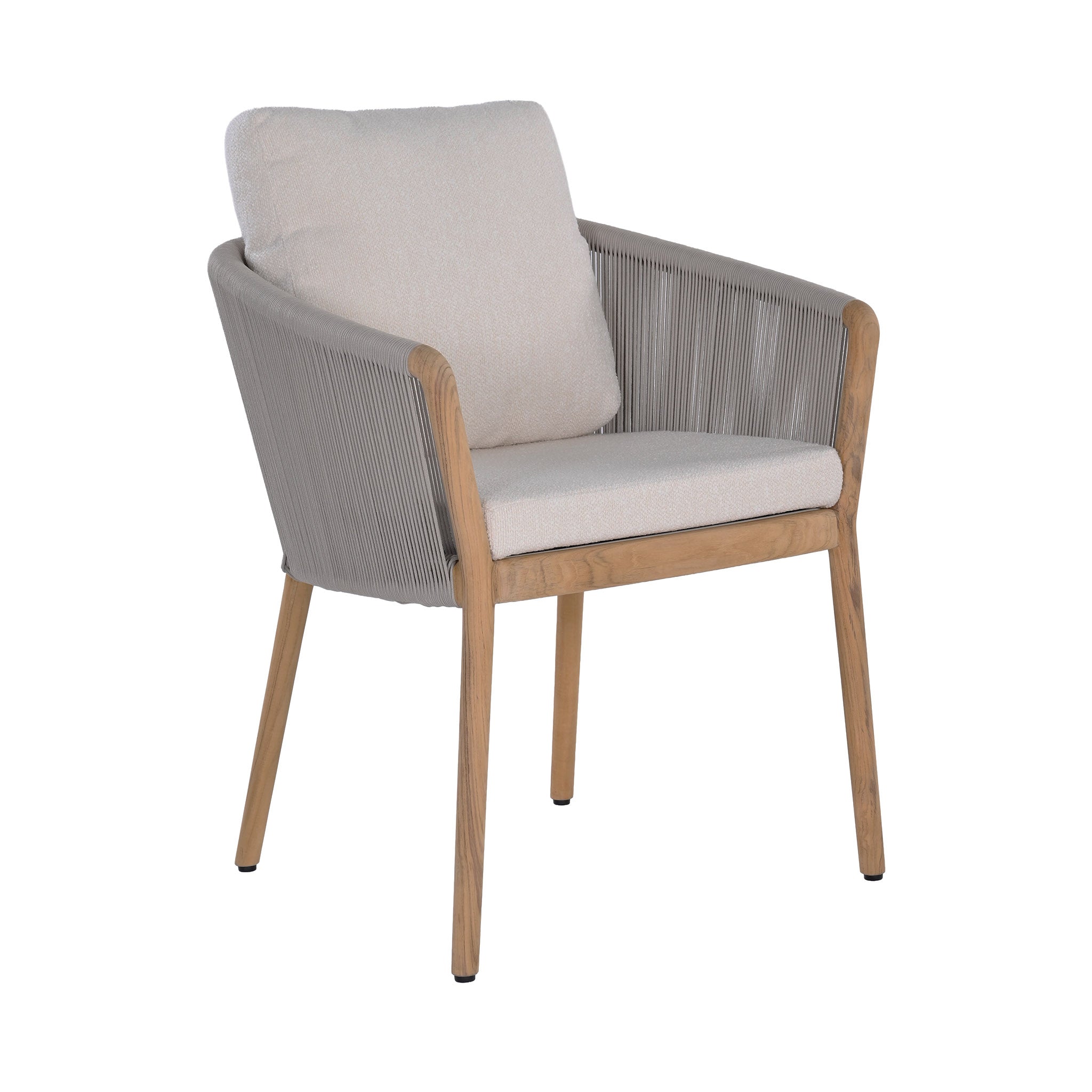 Miami teak and rope dining armchair with seat and back cushions. Front angle view.