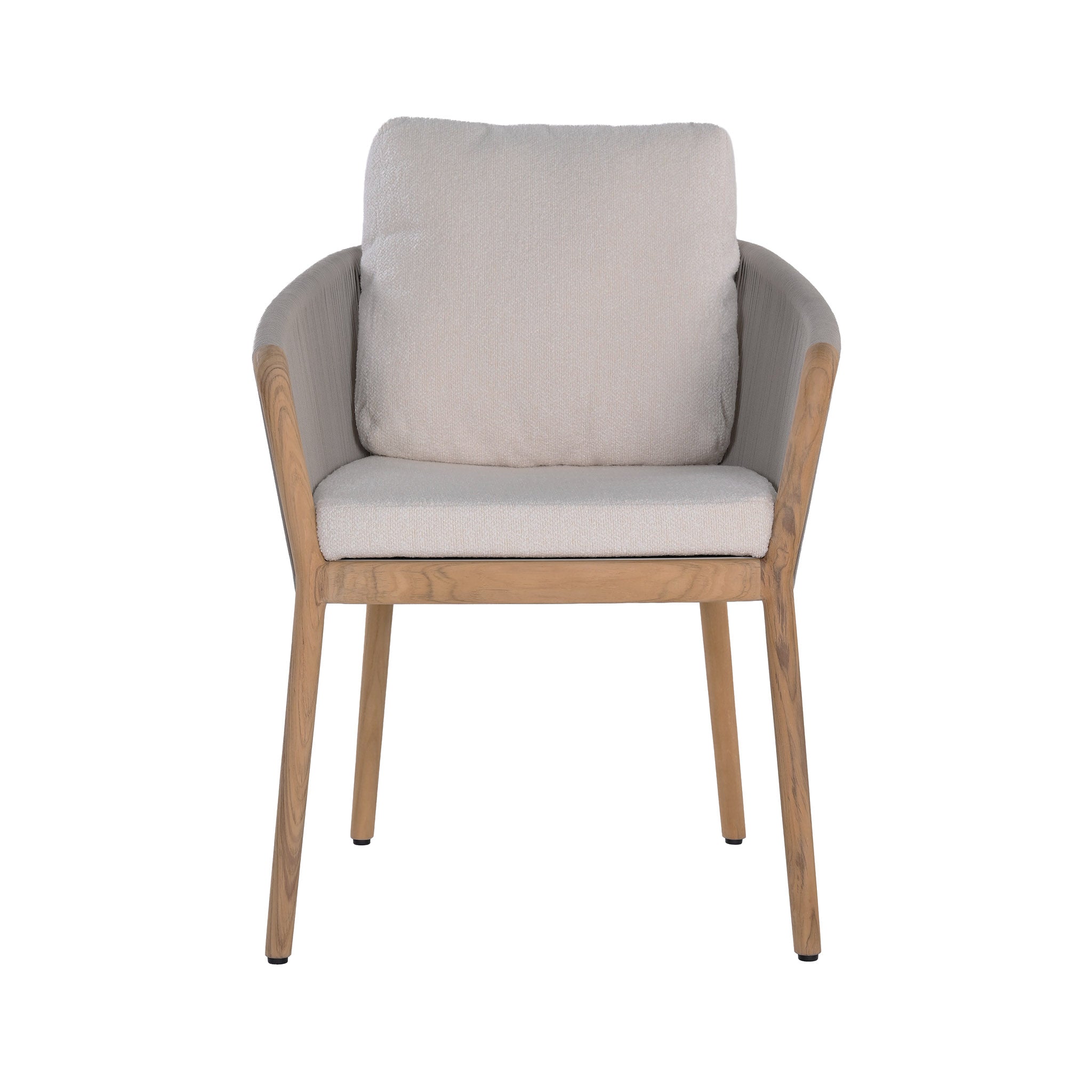 Miami teak and rope dining armchair with seat and back cushions. Front view.