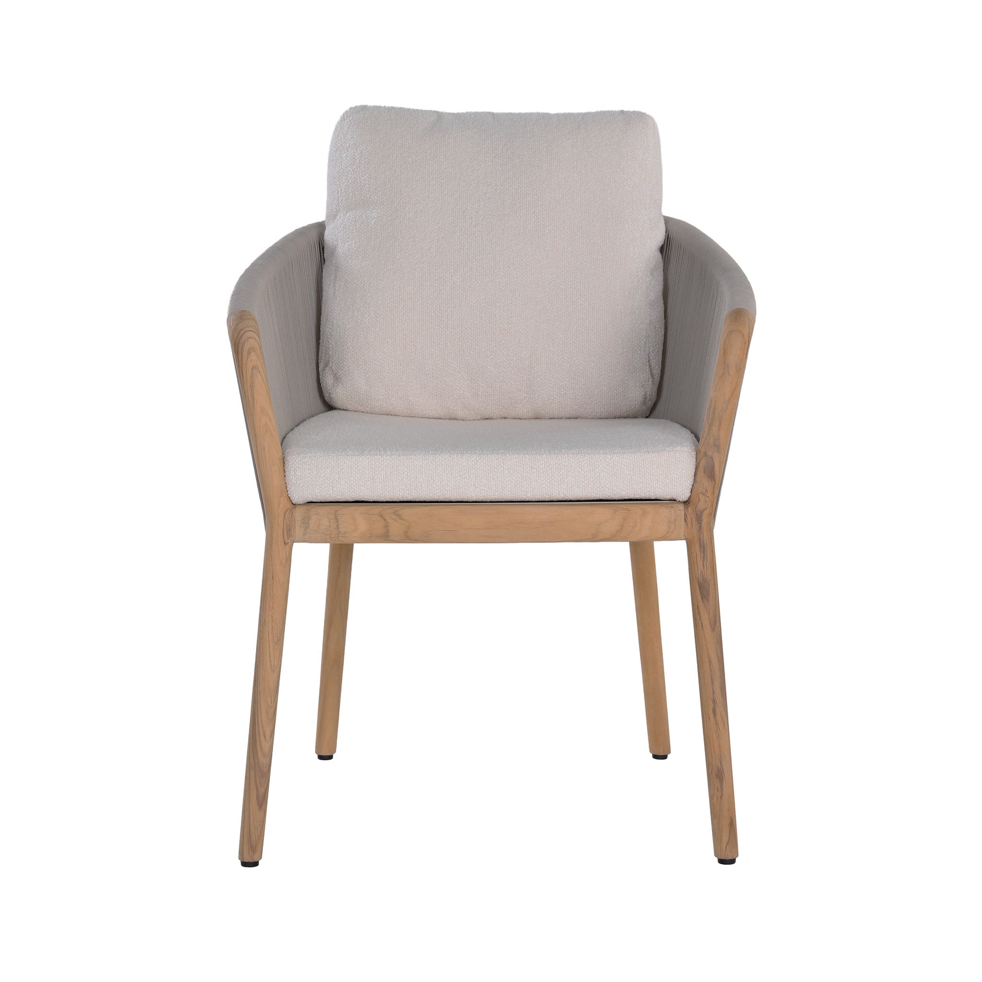 Miami teak and rope dining armchair with seat and back cushions. Front view.