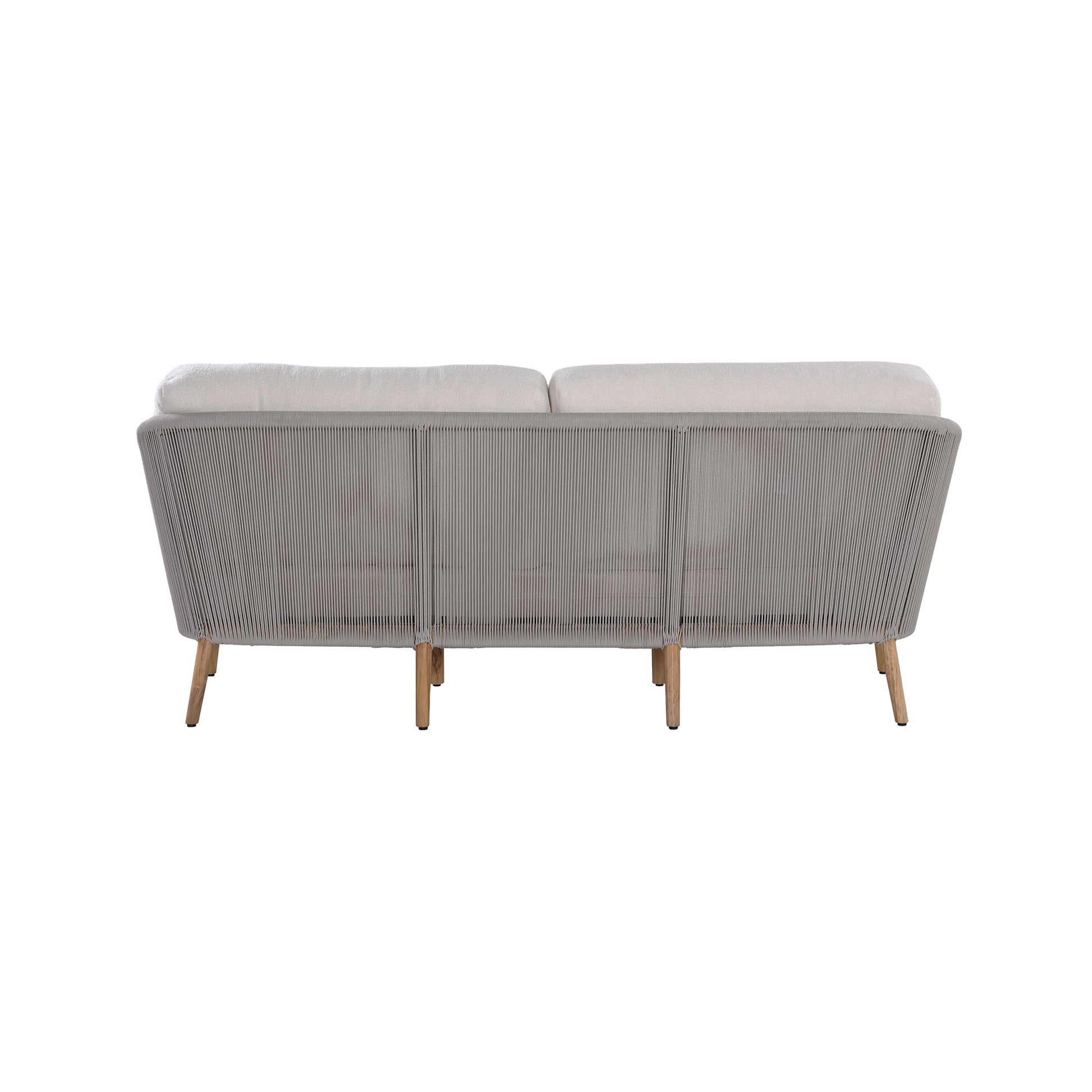 Miami teak and rope outdoor 3-seater sofa with seat and back cushions included. Rear view.