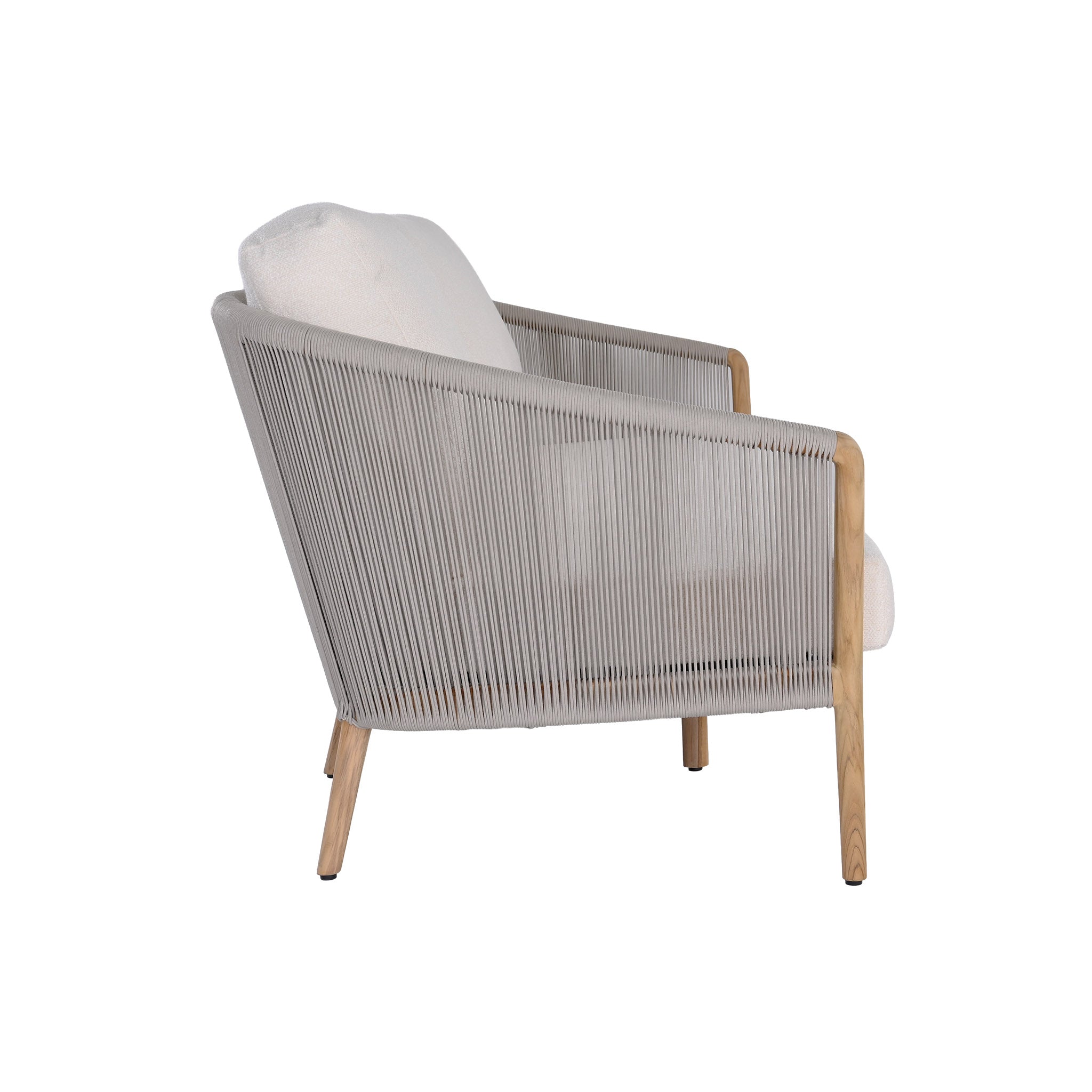 Miami teak and rope outdoor 3-seater sofa with seat and back cushions included. Side view.