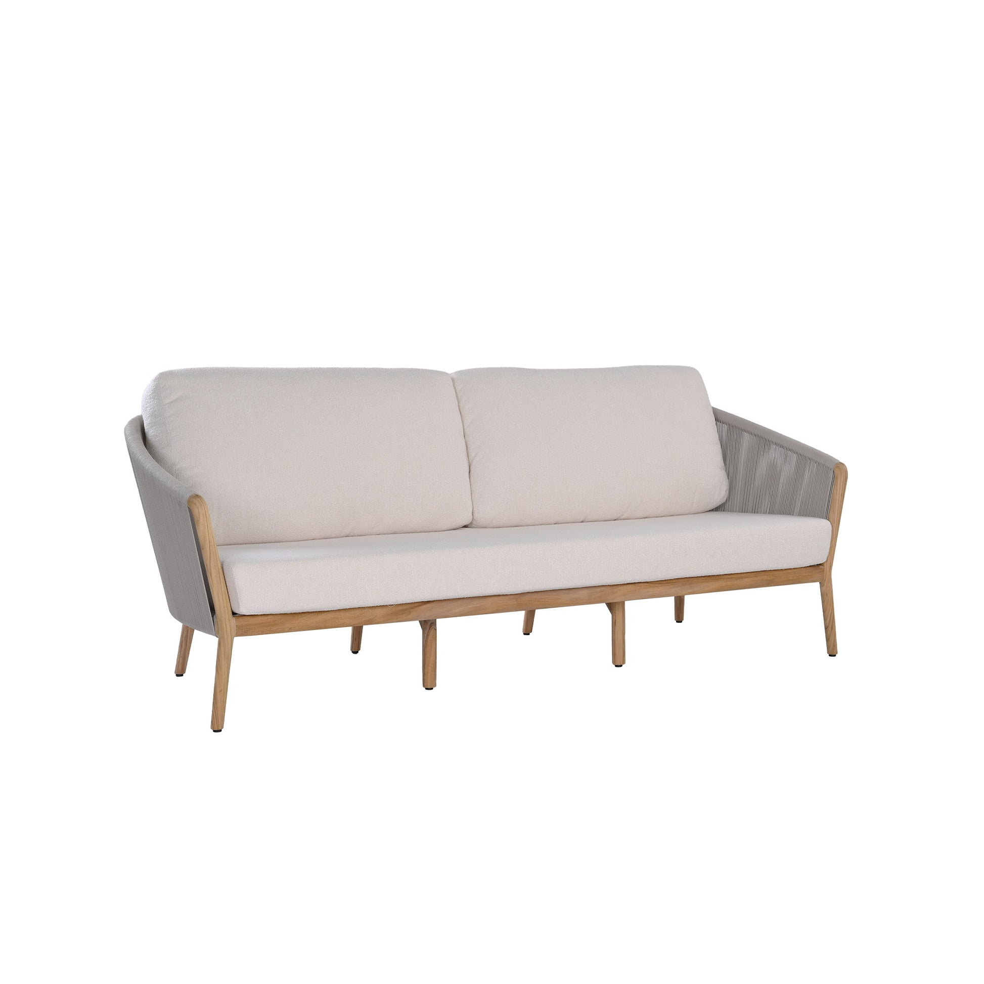 Miami teak and rope outdoor 3-seater sofa with seat and back cushions included. Front angle view.