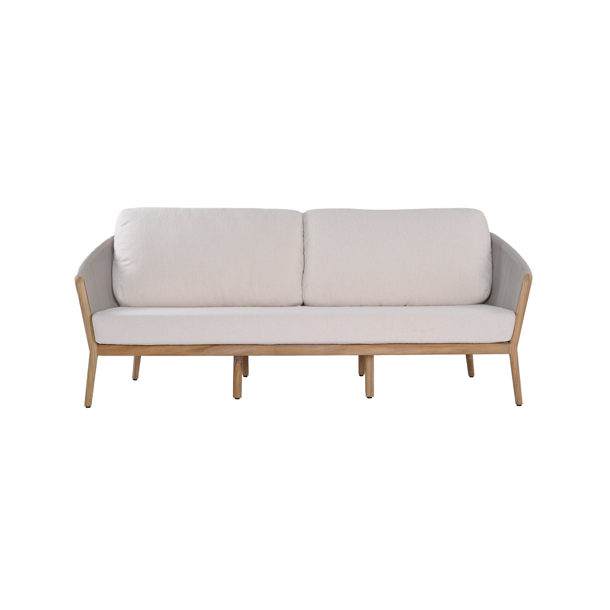 Miami teak and rope outdoor 3-seater sofa with seat and back cushions included. Front view.