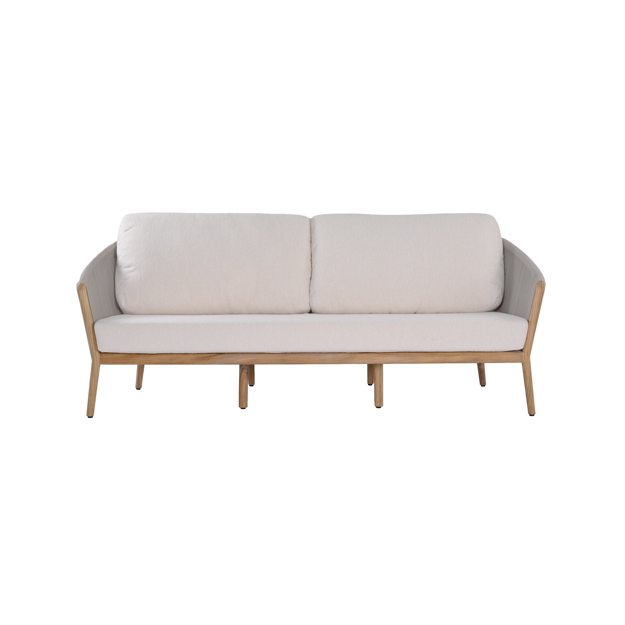 Miami teak and rope outdoor 3-seater sofa with seat and back cushions included. Front view.