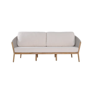 Miami teak and rope outdoor 3-seater sofa with seat and back cushions included. Front view.