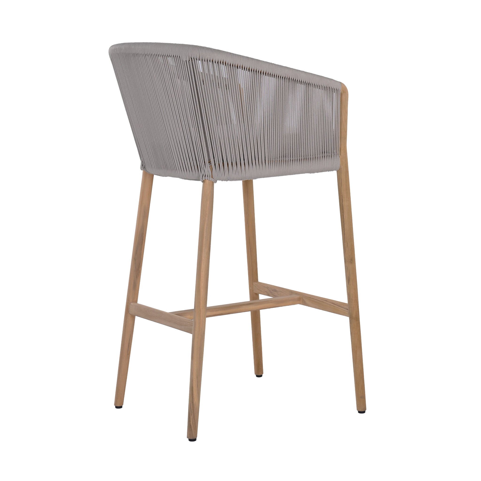 Miami teak and rope outdoor bar chair with seating cushion. Rear angle view.