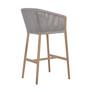 Miami teak and rope outdoor bar chair with seating cushion. Rear angle view.