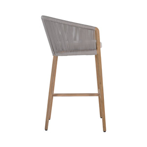 Miami teak and rope outdoor bar chair with seating cushion. Side view.