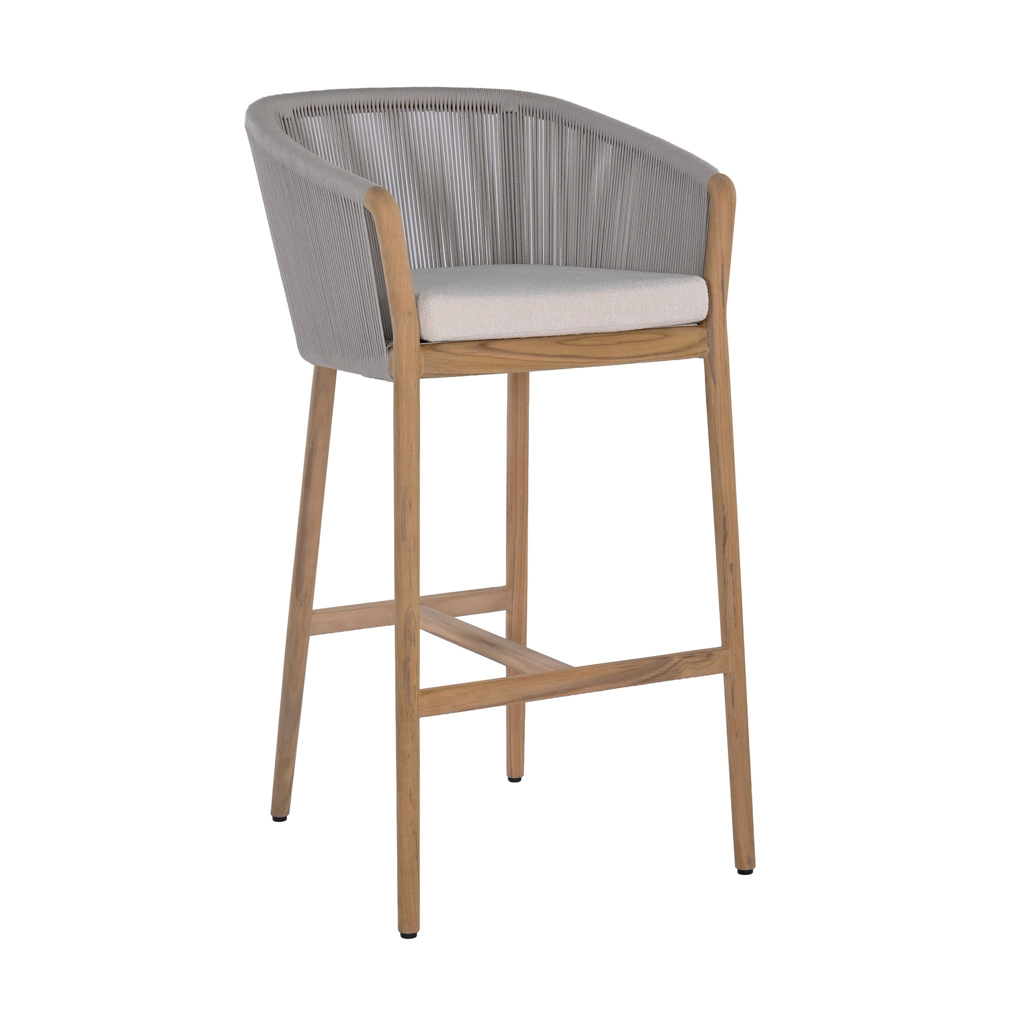 Miami teak and rope outdoor bar chair with seating cushion. Front angle view.