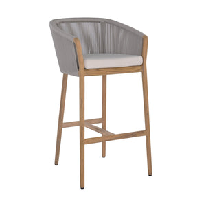 Miami teak and rope outdoor bar chair with seating cushion. Front angle view.