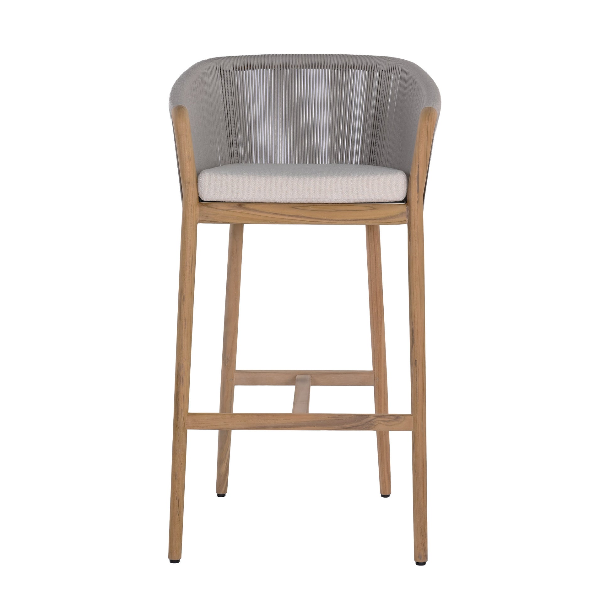 Miami teak and rope outdoor bar chair with seating cushion. Front view.