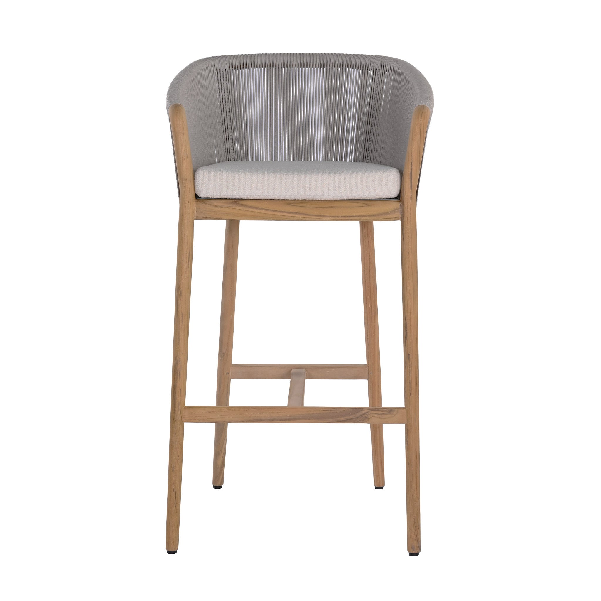 Miami teak and rope outdoor bar chair with seating cushion. Front view.