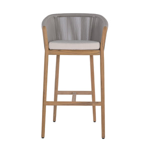 Miami teak and rope outdoor bar chair with seating cushion. Front view.