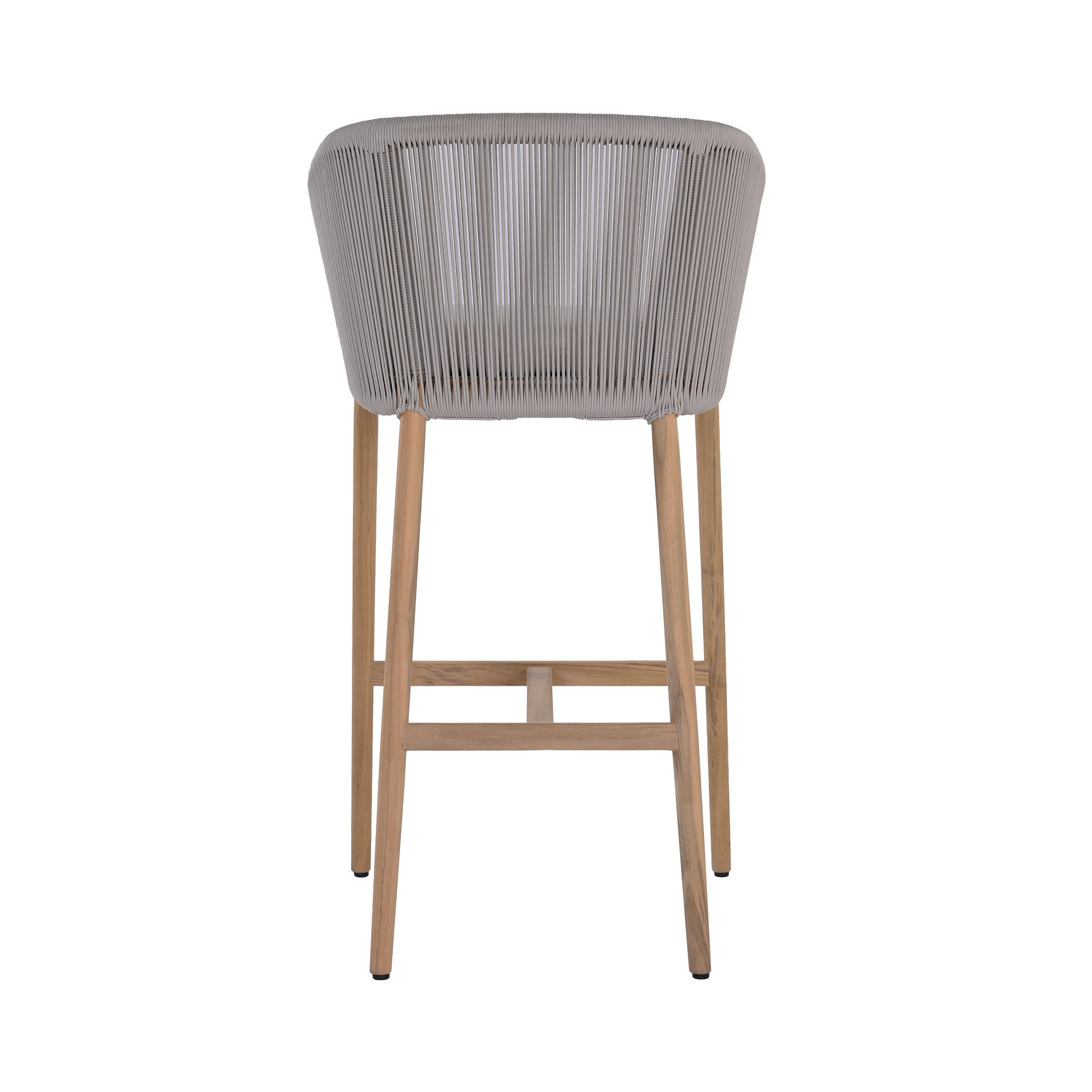 Miami teak and rope outdoor bar chair with seating cushion. Rear view.