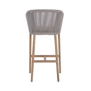 Miami teak and rope outdoor bar chair with seating cushion. Rear view.