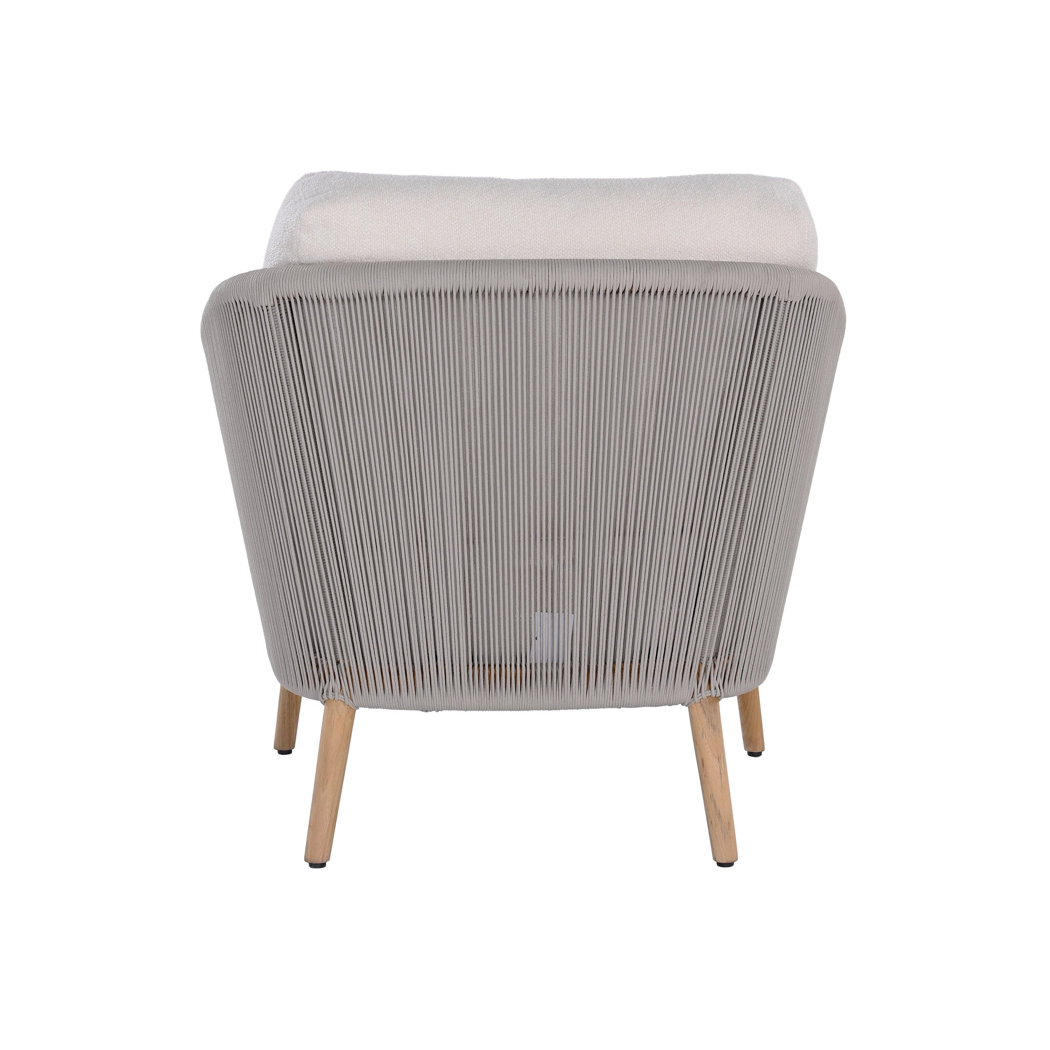 Miami teak and rope outdoor lounge chair with seating and back cushions. Rear view.