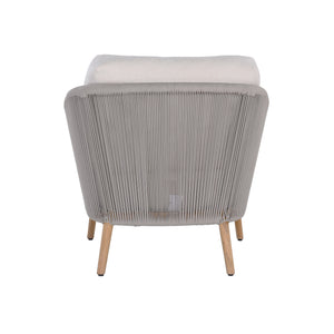 Miami teak and rope outdoor lounge chair with seating and back cushions. Rear view.