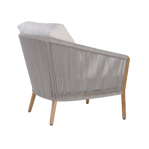 Miami teak and rope outdoor lounge chair with seating and back cushions. Rear angle view.