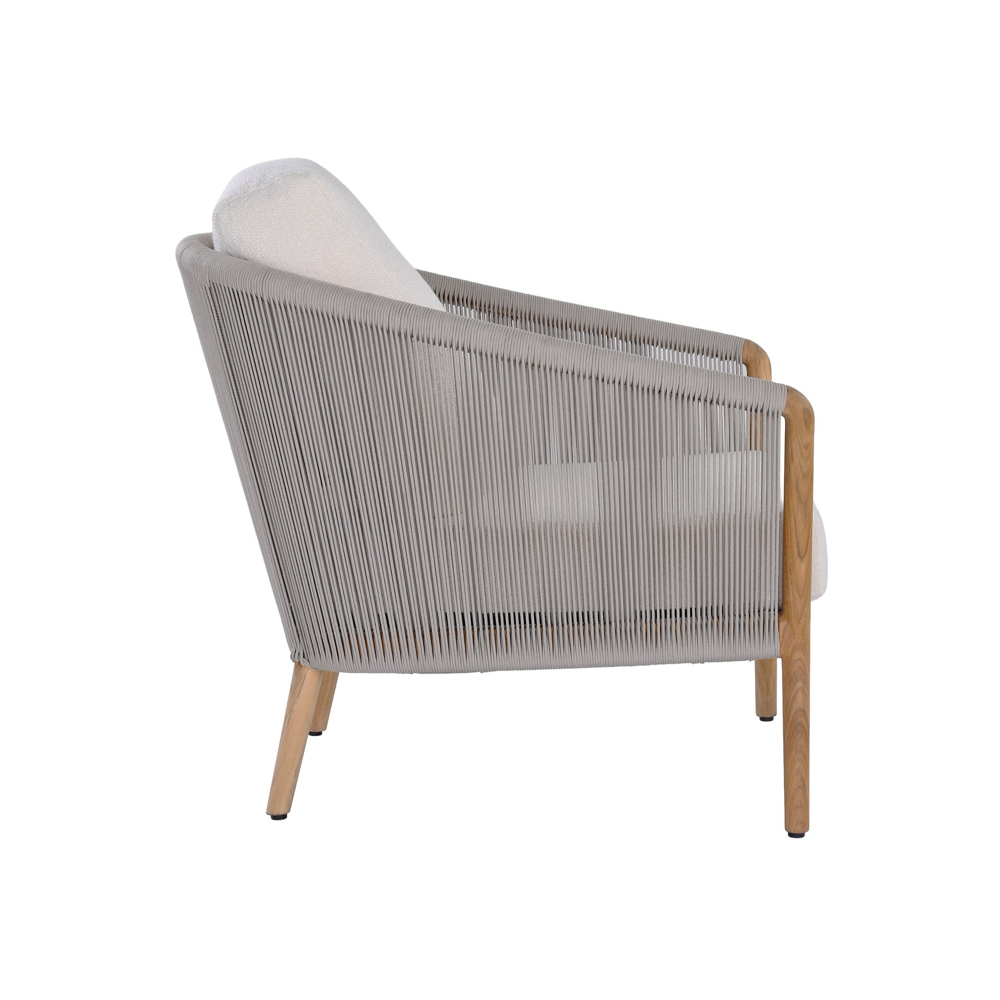 Miami teak and rope outdoor lounge chair with seating and back cushions. Side view.