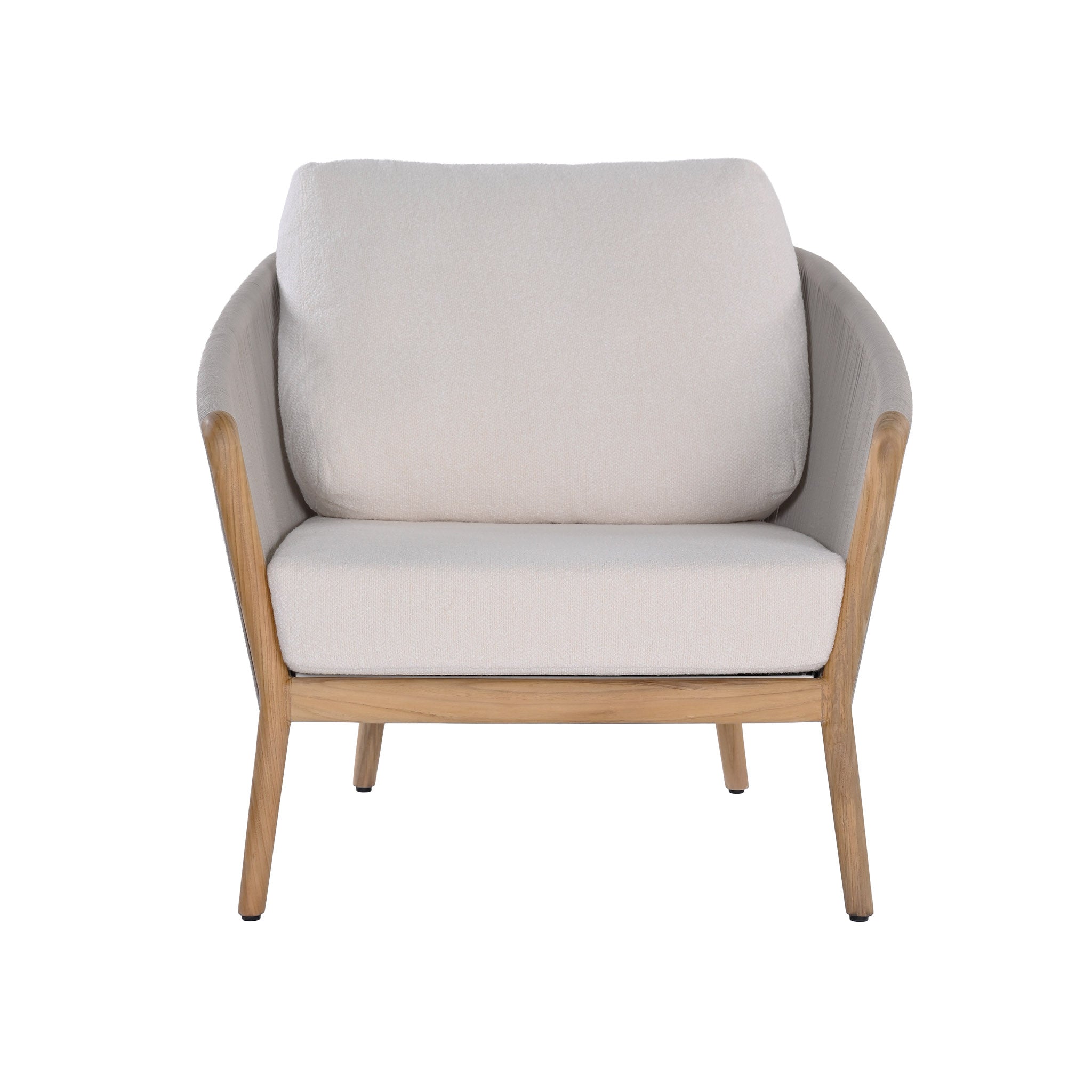 Miami teak and rope outdoor lounge chair with seating and back cushions. Front view.