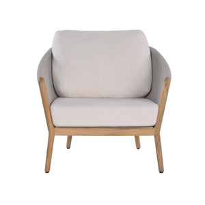 Miami teak and rope outdoor lounge chair with seating and back cushions. Front view.