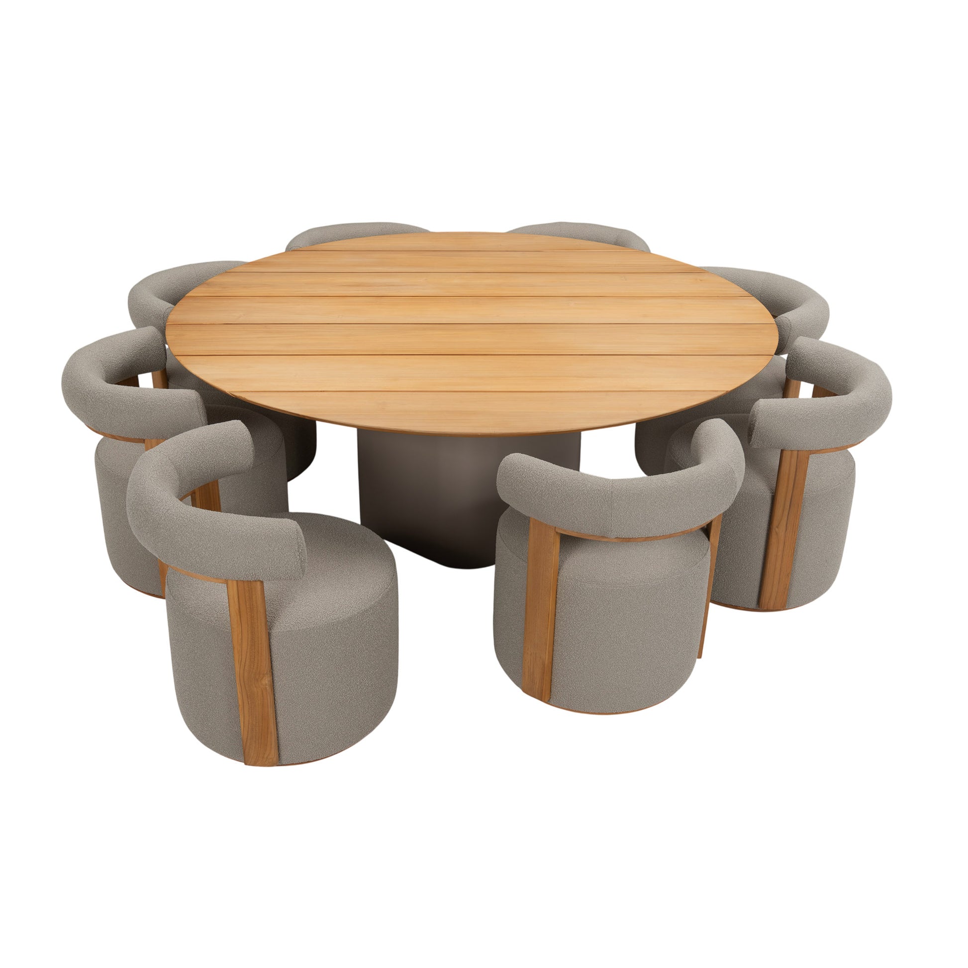 Monte Carlo teak top round dining table surrounded by Cap Ferrat outdoor dining chairs. Top view.