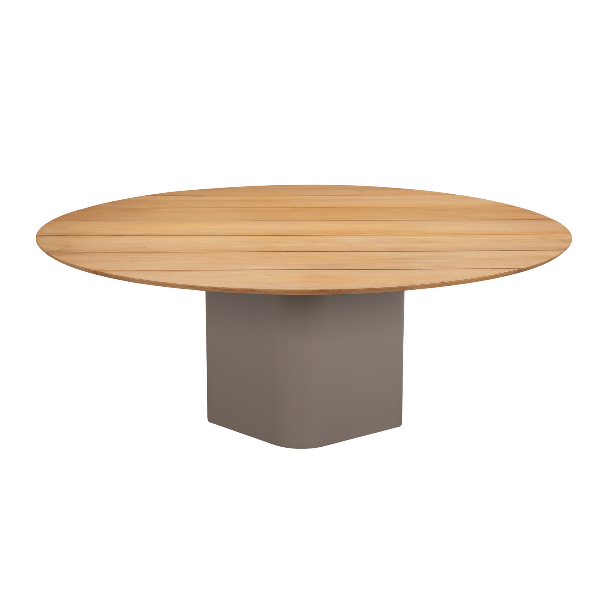 Monte Carlo round teak dining table with powder-coated aluminium base. Top front view.