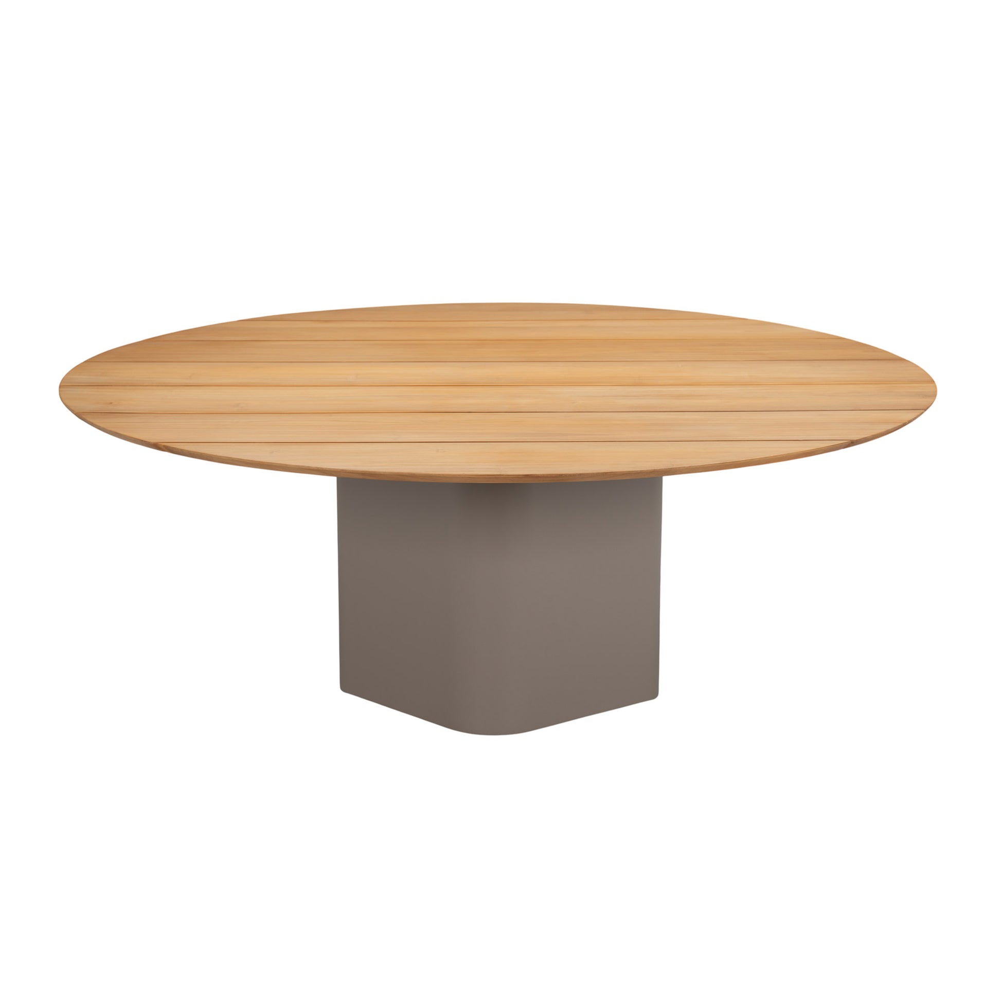 Monte Carlo round teak dining table with powder-coated aluminium base. Top front view.
