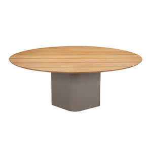 Monte Carlo round teak dining table with powder-coated aluminium base. Top front view.