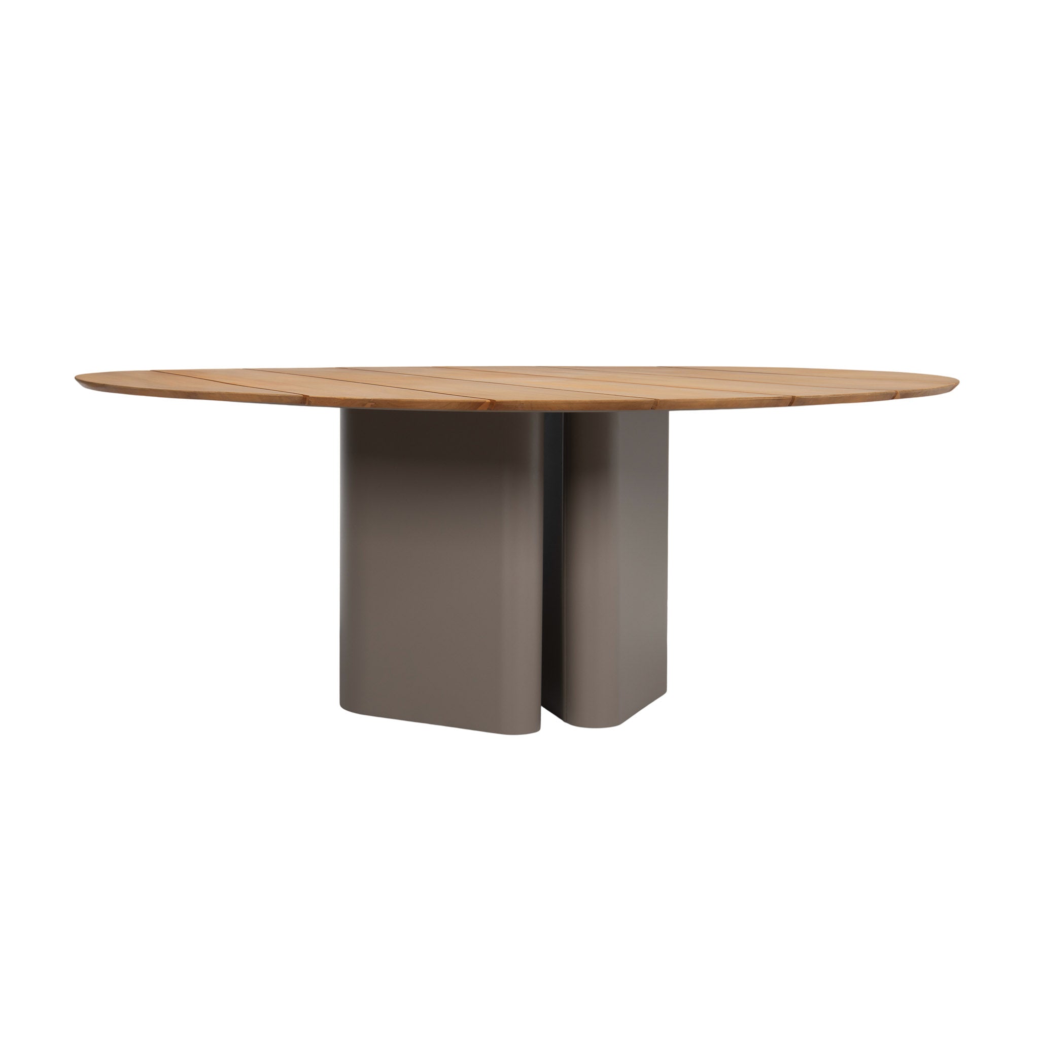 Monte Carlo round teak dining table with powder-coated aluminium base. Front view.