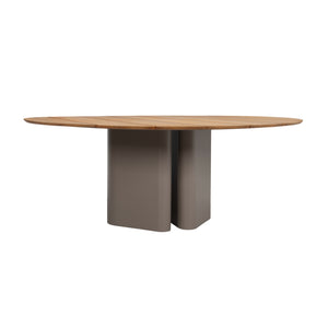Monte Carlo round teak dining table with powder-coated aluminium base. Front view.