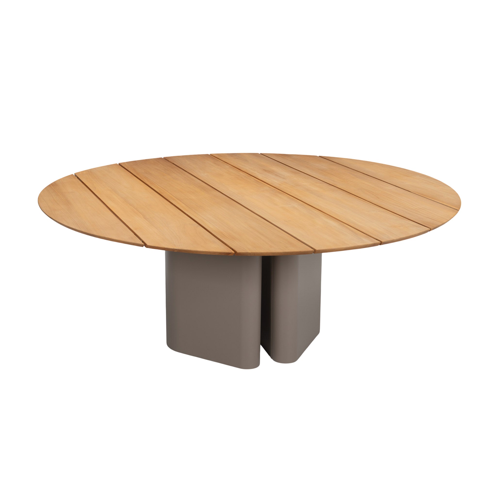 Monte Carlo round teak dining table with powder-coated aluminium base. Top view.