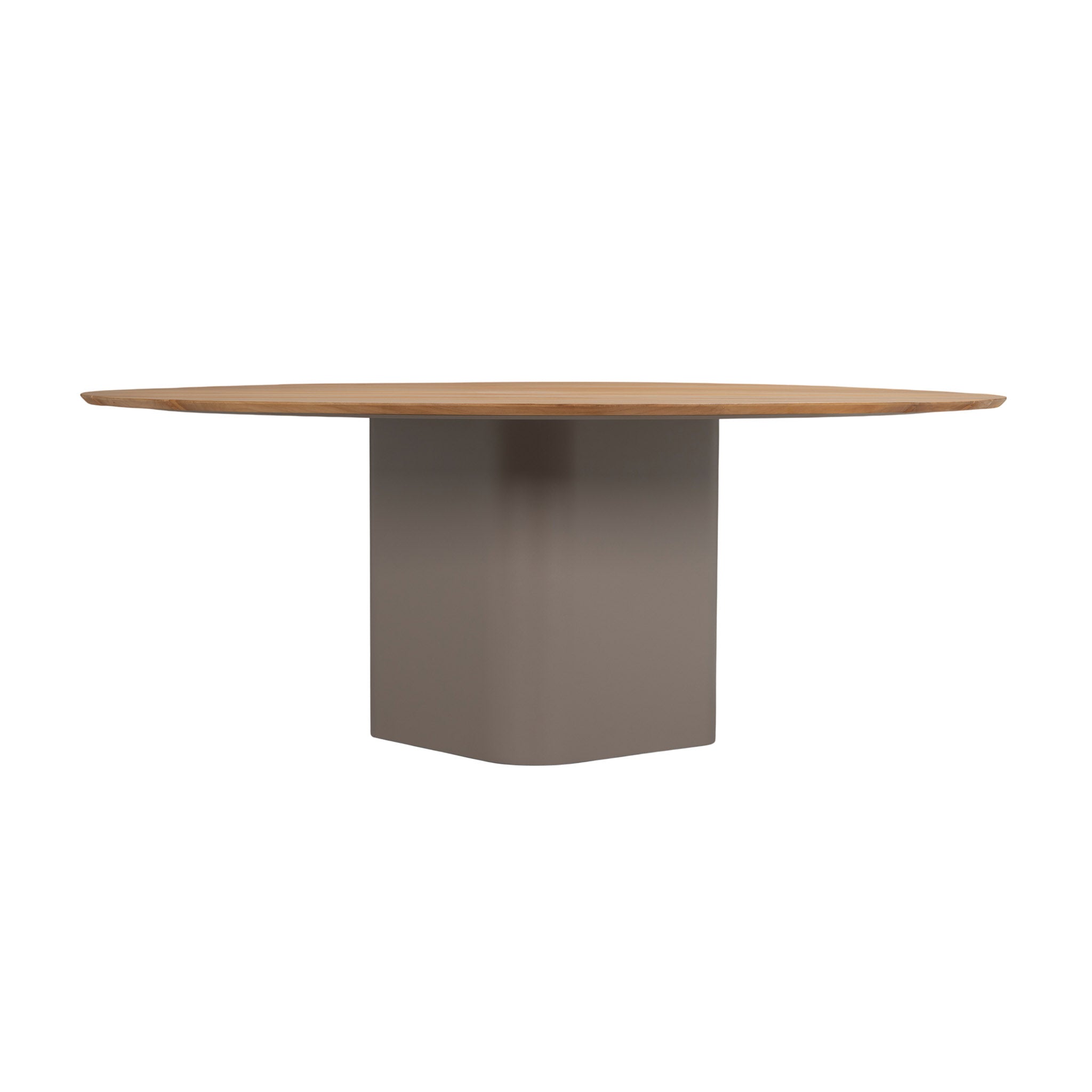 Monte Carlo round teak dining table with powder-coated aluminium base. Side view.