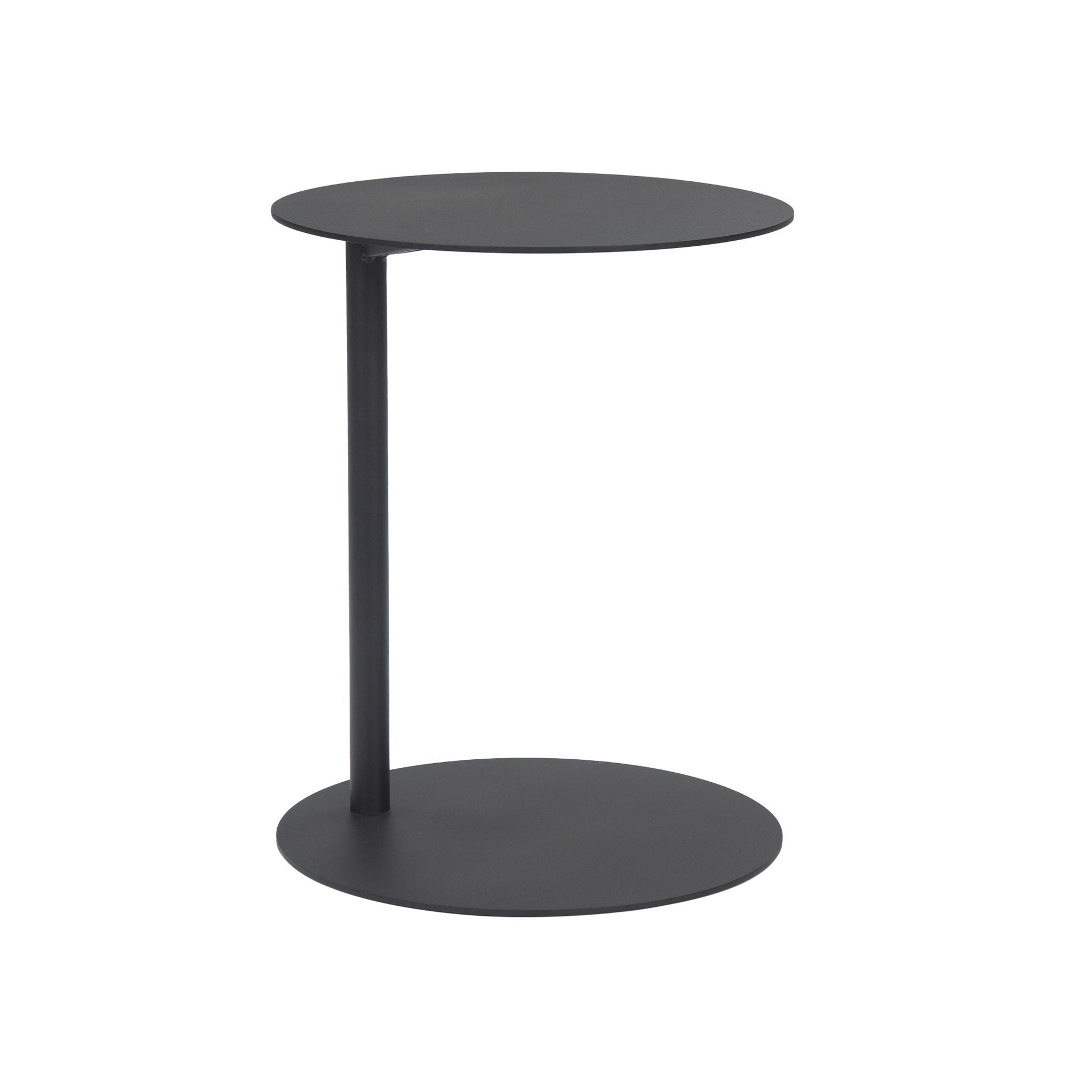Mood black aluminium side table. Front angle view.