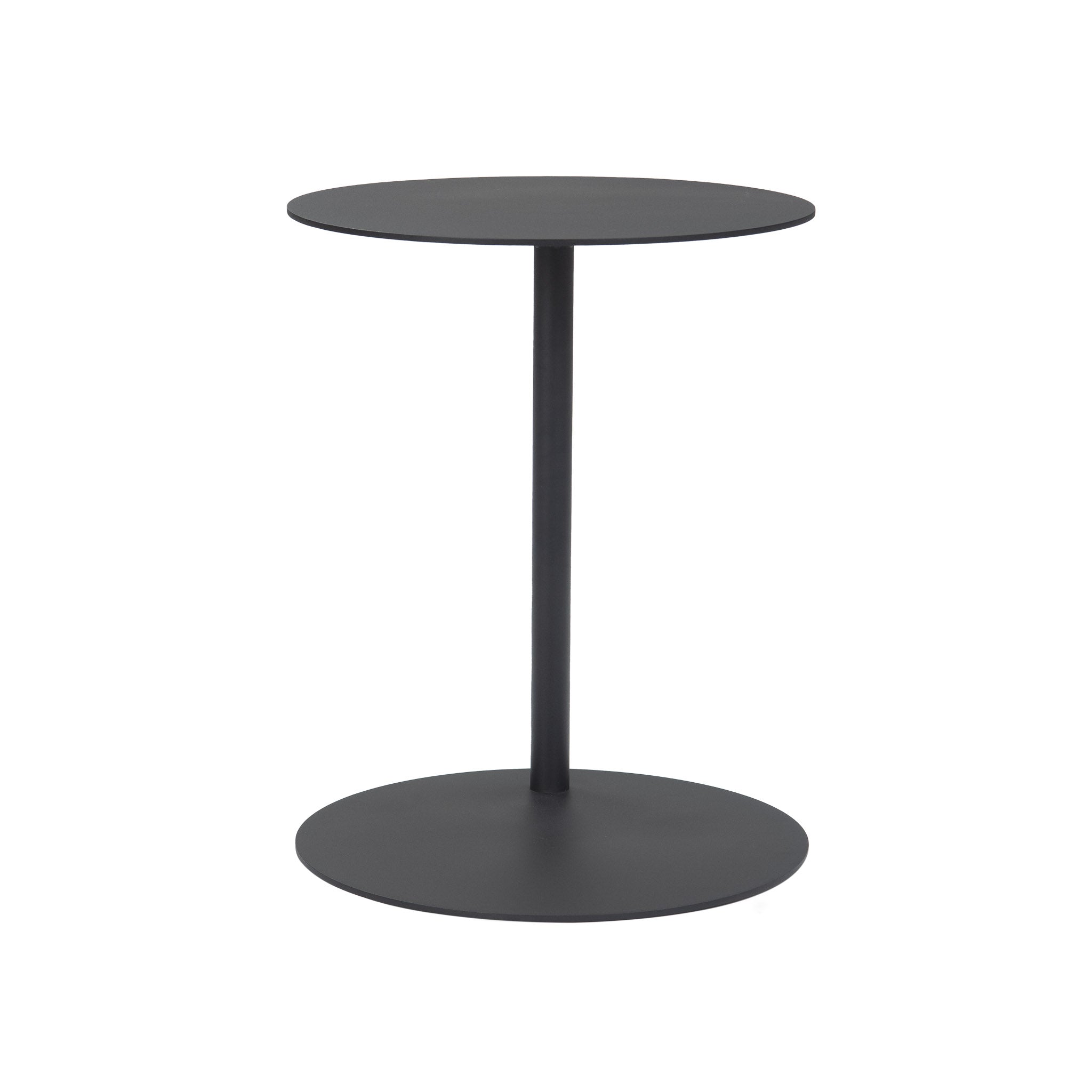 Mood black aluminium side table. Front view.