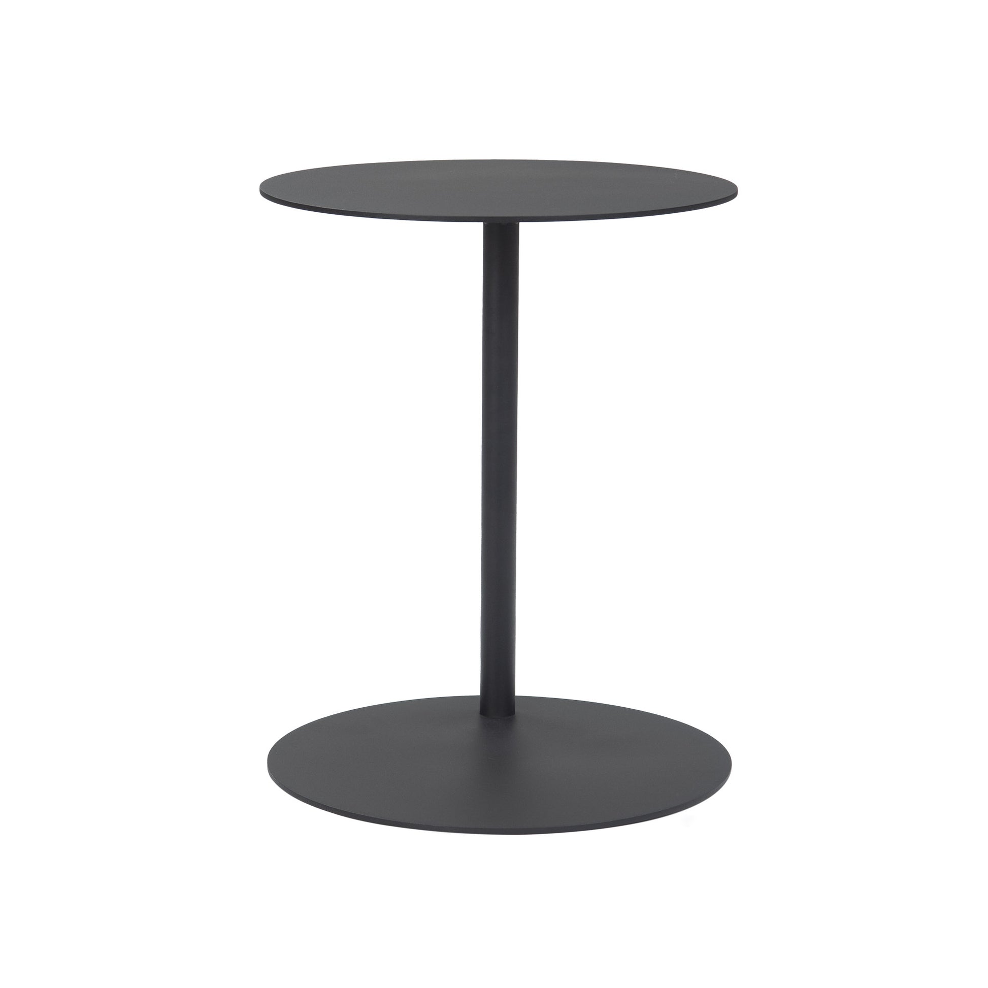 Mood black aluminium side table. Front view.