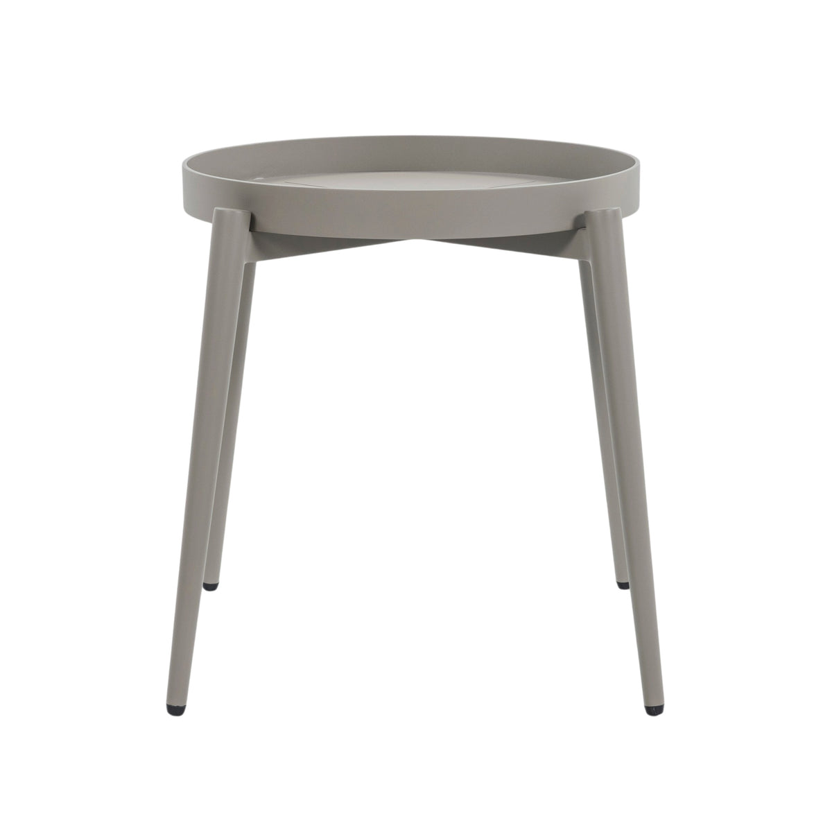 An aluminium side table with a moon-shaped removable tray on top of it's four legs with a white background. Front view.