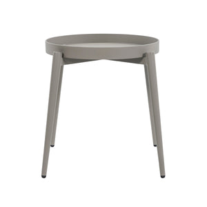 An aluminium side table with a moon-shaped removable tray on top of it's four legs with a white background. Front view.
