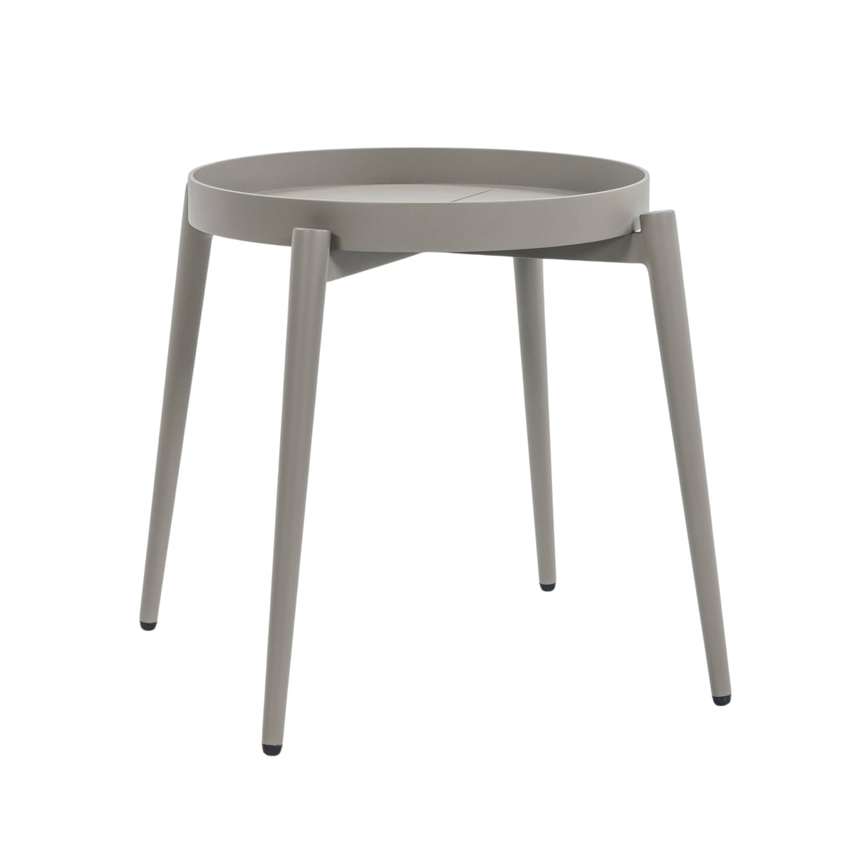An aluminium side table with a moon-shaped removable tray on top of it's four legs with a white background. Front angle view.