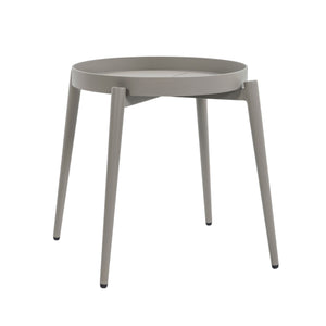 An aluminium side table with a moon-shaped removable tray on top of it's four legs with a white background. Front angle view.