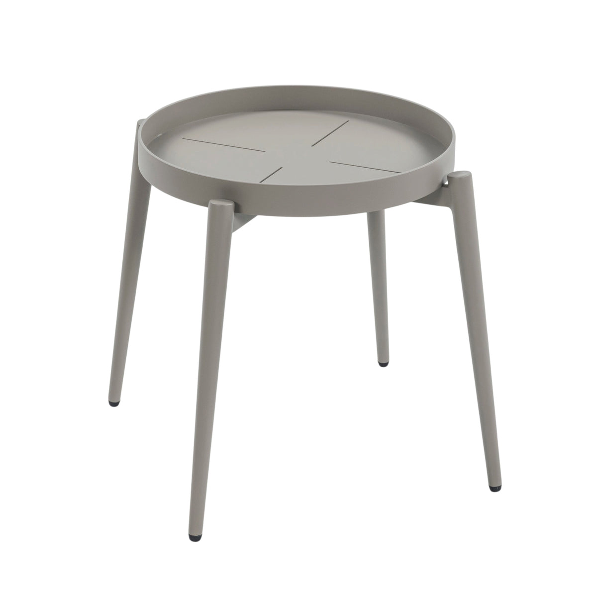 An aluminium side table with a moon-shaped removable tray on top of it's four legs with a white background. Overview of the table top. 