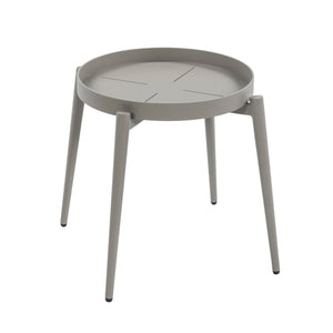 An aluminium side table with a moon-shaped removable tray on top of it's four legs with a white background. Overview of the table top. 