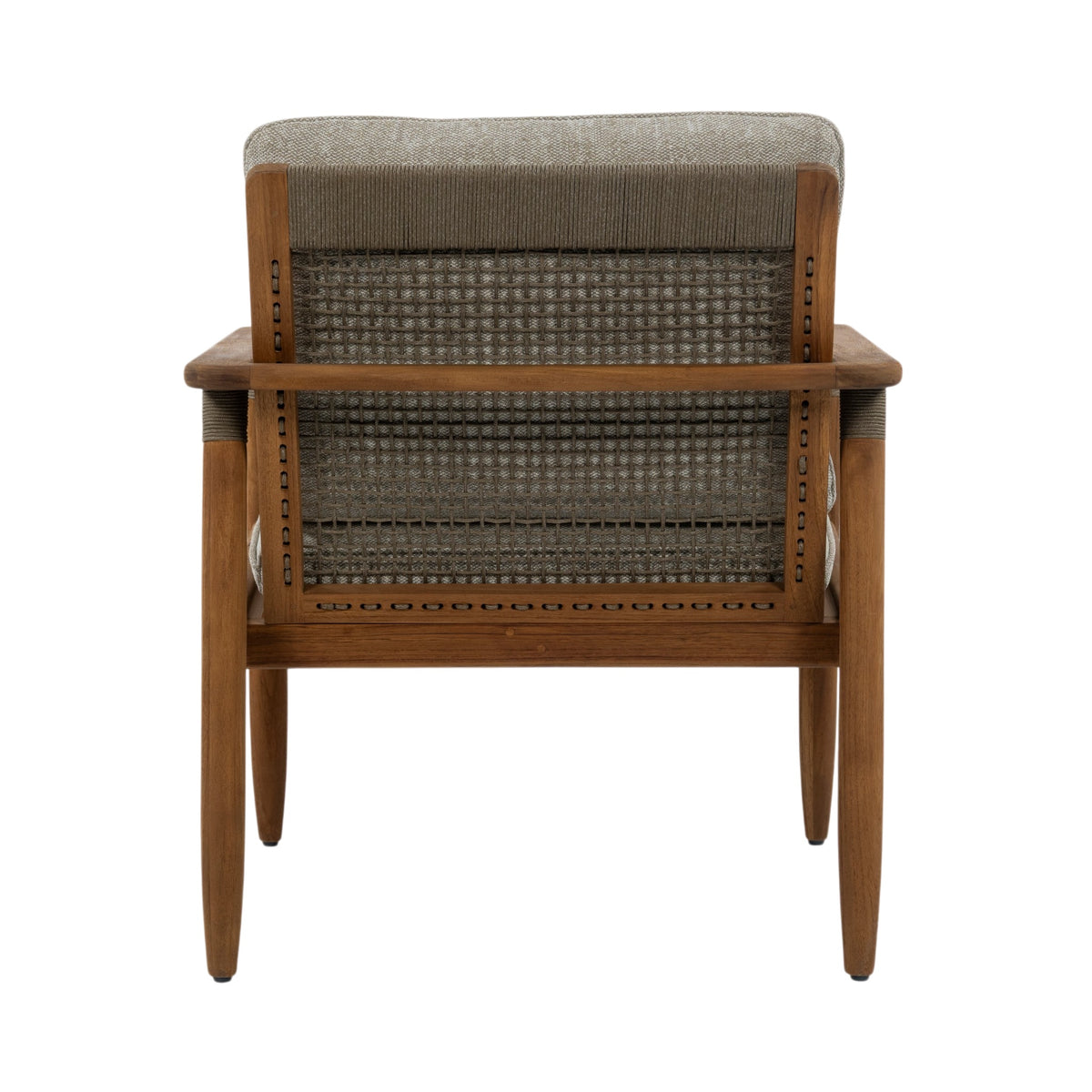 A mid-century modern wooden armchair with a woven cane backrest and a light beige textured seat cushion, shown from the rear on a white background.