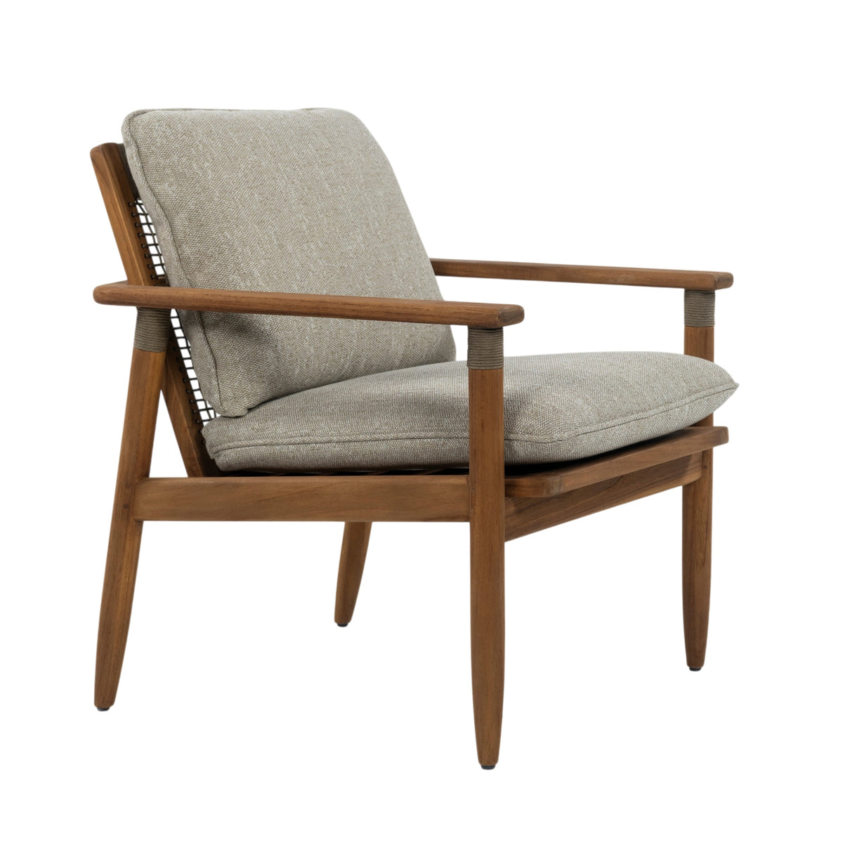 A mid-century modern armchair with a warm medium-brown wooden frame and thick, comfortable light gray textured cushions, shown from a three-quarter angle on a solid white background.