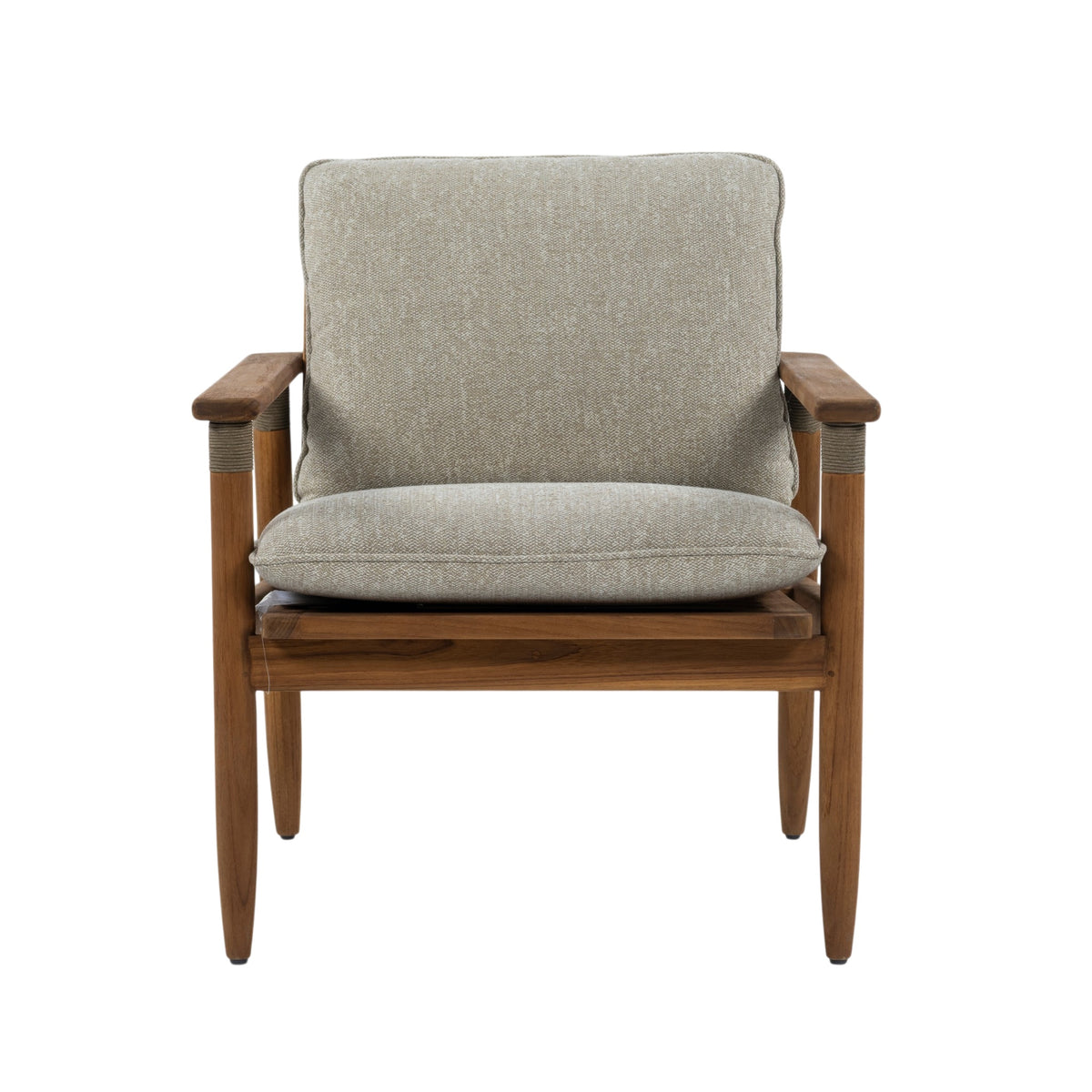 A mid-century modern accent chair with a warm brown wooden frame and thick, textured light beige fabric cushions, shown against a plain white background.